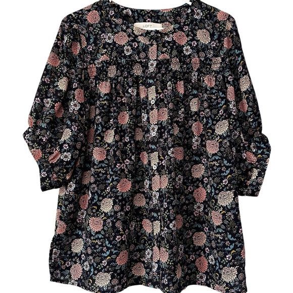 LOFT Pink Blue Floral Button Down Puff Sleeve Peasant Blouse Top Size Medium - Picture 1 of 6